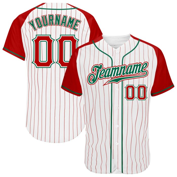 Red White Pinstripe Authentic Baseball Jersey with Kelly Green Raglan Sleeves Custom Design Custom White Red Pinstripe Red-Kelly - Image 1