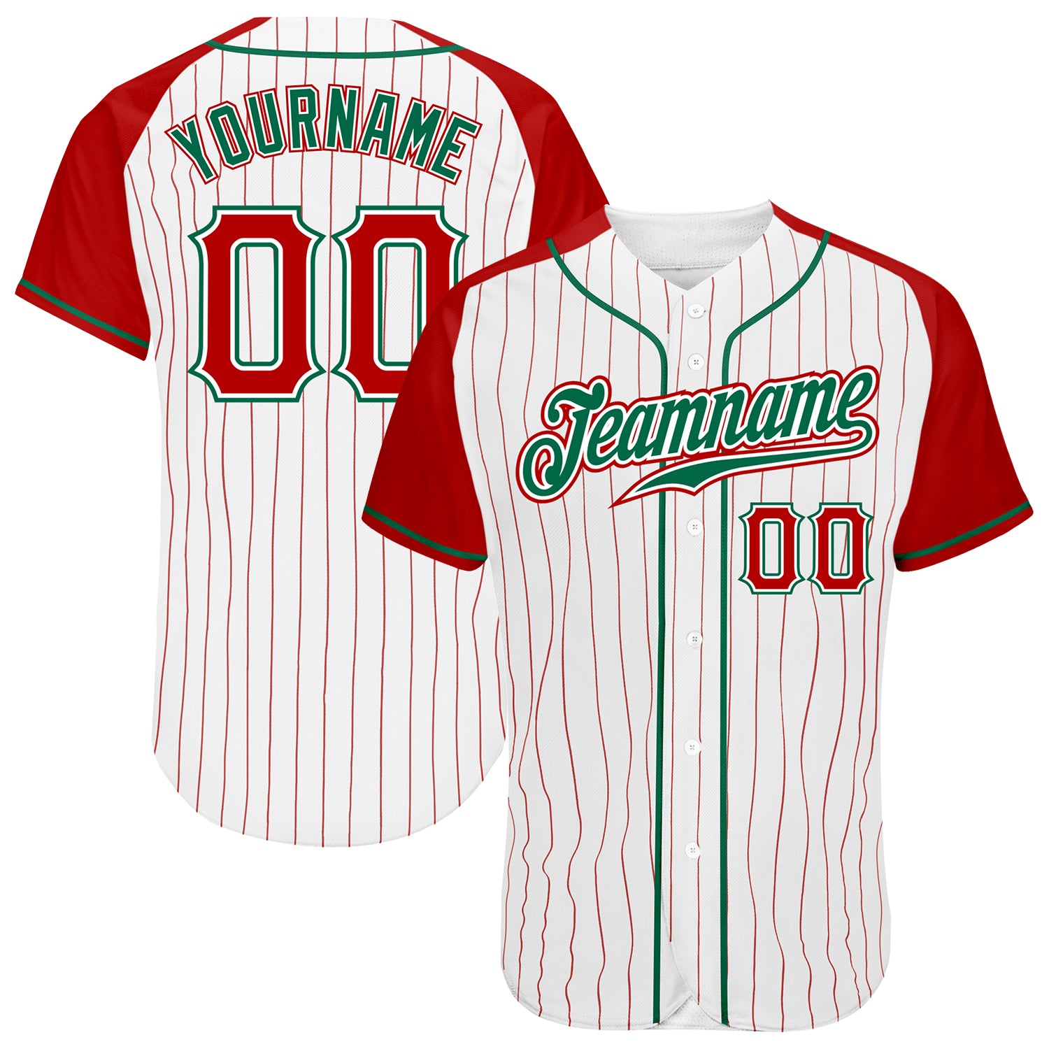 Custom White Red Pinstripe Red-Kelly Green Authentic Raglan Sleeves Baseball Jersey Red White Pinstripe Authentic Baseball Jersey with Kelly Green Raglan Sleeves Custom Design Custom White Red Pinstripe Red-Kelly - Image 1