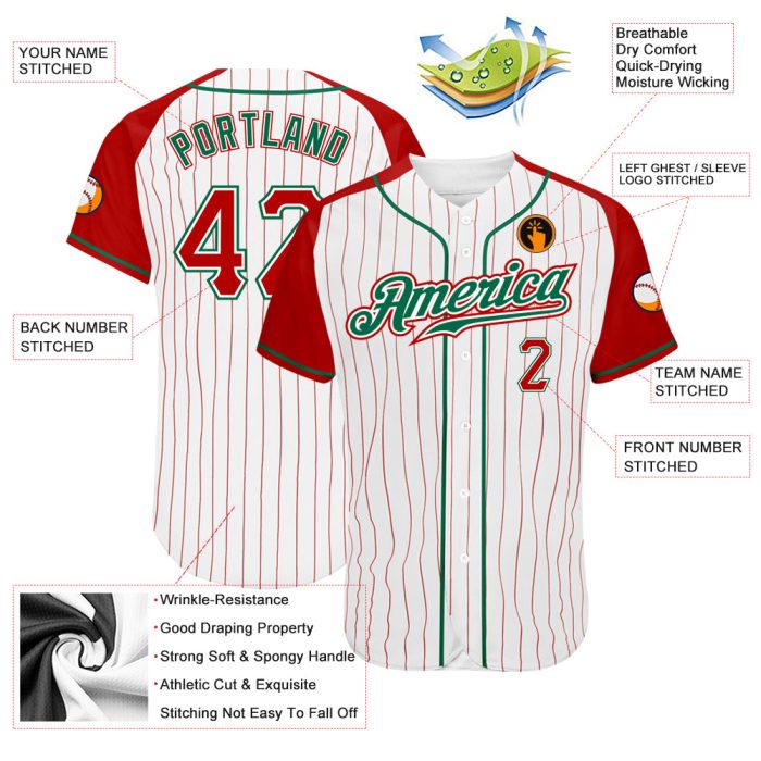 Red White Pinstripe Authentic Baseball Jersey with Kelly Green Raglan Sleeves Custom Design Custom White Red Pinstripe Red-Kelly - Image 3