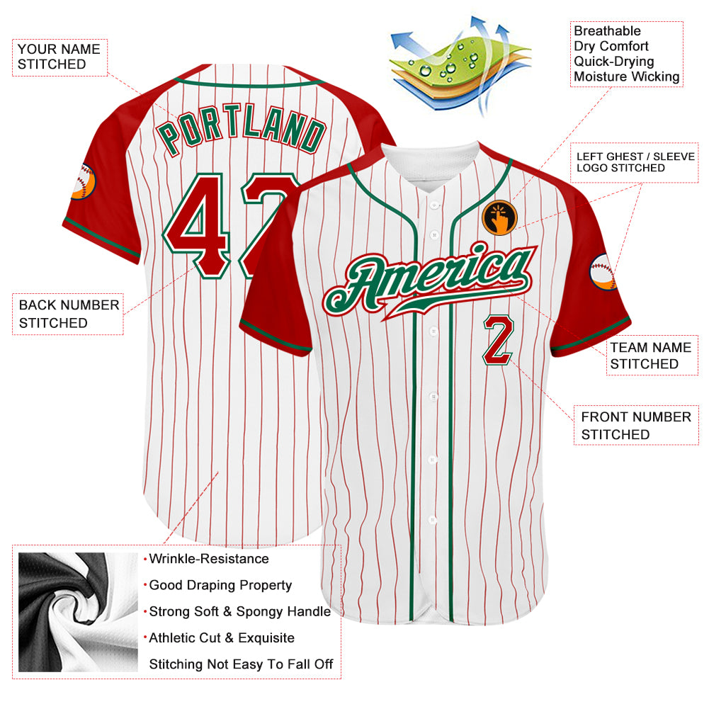 Custom White Red Pinstripe Red-Kelly Green Authentic Raglan Sleeves Baseball Jersey Red White Pinstripe Authentic Baseball Jersey with Kelly Green Raglan Sleeves Custom Design Custom White Red Pinstripe Red-Kelly - Image 3