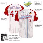 Custom White Red Pinstripe Baseball Jersey with Red-Light Blue Raglan Sleeves - Authentic Design Custom White Red Pinstripe - Image 3