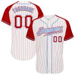 Custom White Red Pinstripe Baseball Jersey with Red-Light Blue Raglan Sleeves - Authentic Design Custom White Red Pinstripe