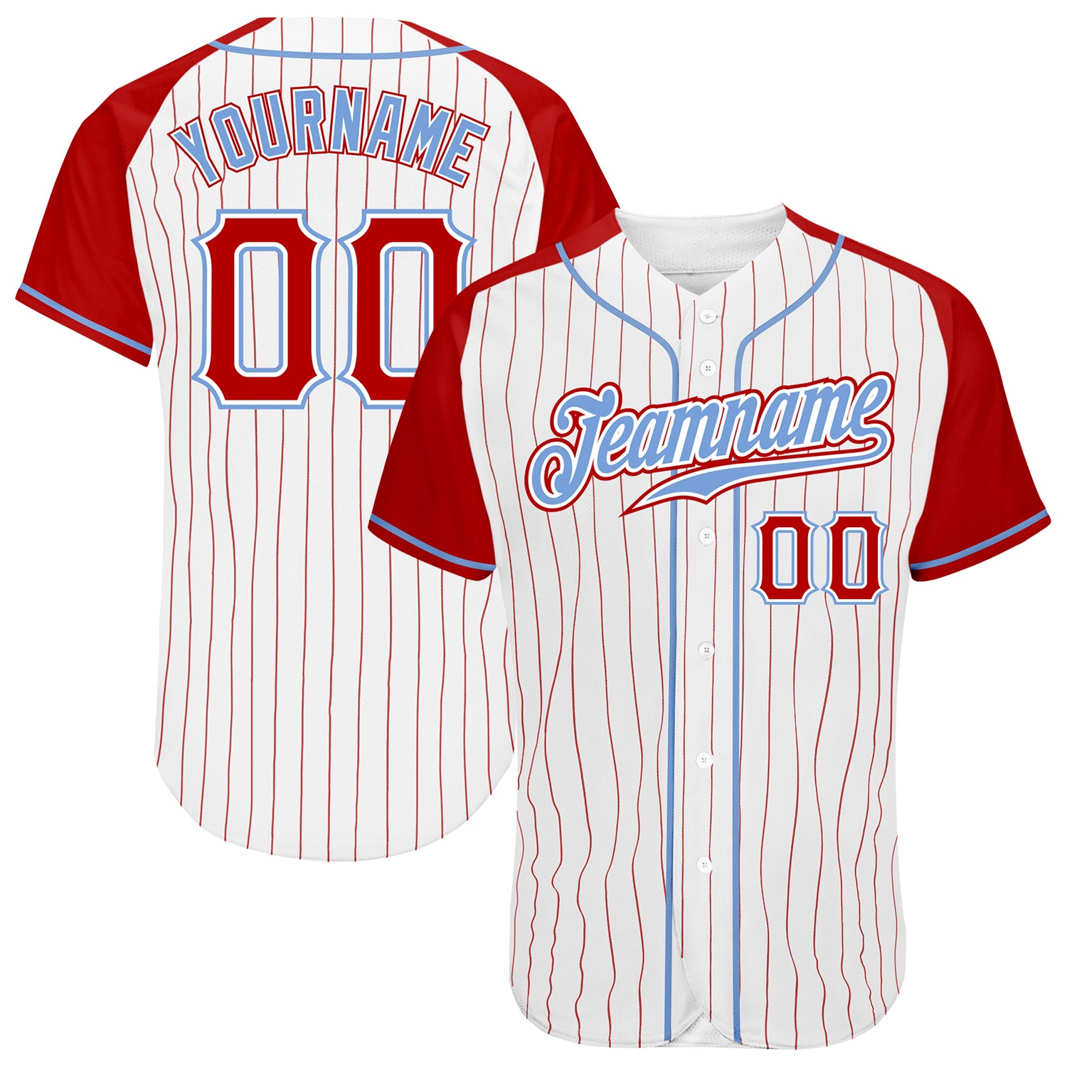 Custom White Red Pinstripe Baseball Jersey with Red-Light Blue Raglan Sleeves - Authentic Design Custom White Red Pinstripe