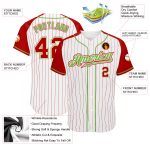 Custom Red Neon Green Pinstripe Baseball Jersey - Authentic White Raglan Sleeves Custom White Red Pinstripe Red-Neon Green - Image 3