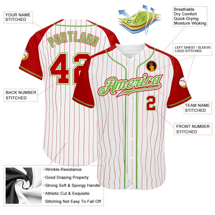 Custom Red Neon Green Pinstripe Baseball Jersey - Authentic White Raglan Sleeves Custom White Red Pinstripe Red-Neon Green - Image 3