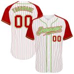 Custom Red Neon Green Pinstripe Baseball Jersey - Authentic White Raglan Sleeves Custom White Red Pinstripe Red-Neon Green