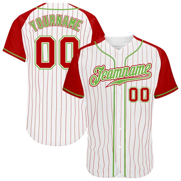 Custom Red Neon Green Pinstripe Baseball Jersey - Authentic White Raglan Sleeves Custom White Red Pinstripe Red-Neon Green - Image 1