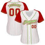 Custom Red Neon Green Pinstripe Baseball Jersey - Authentic White Raglan Sleeves Custom White Red Pinstripe Red-Neon Green - Image 2