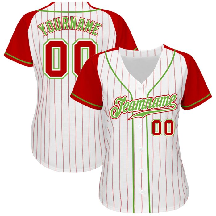 Custom Red Neon Green Pinstripe Baseball Jersey - Authentic White Raglan Sleeves Custom White Red Pinstripe Red-Neon Green - Image 2