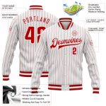 Custom Red White Pinstripe Bomber Varsity Letterman Jacket Full-Snap Custom White Red Pinstripe Red-White Bomber Full-Snap - Image 3