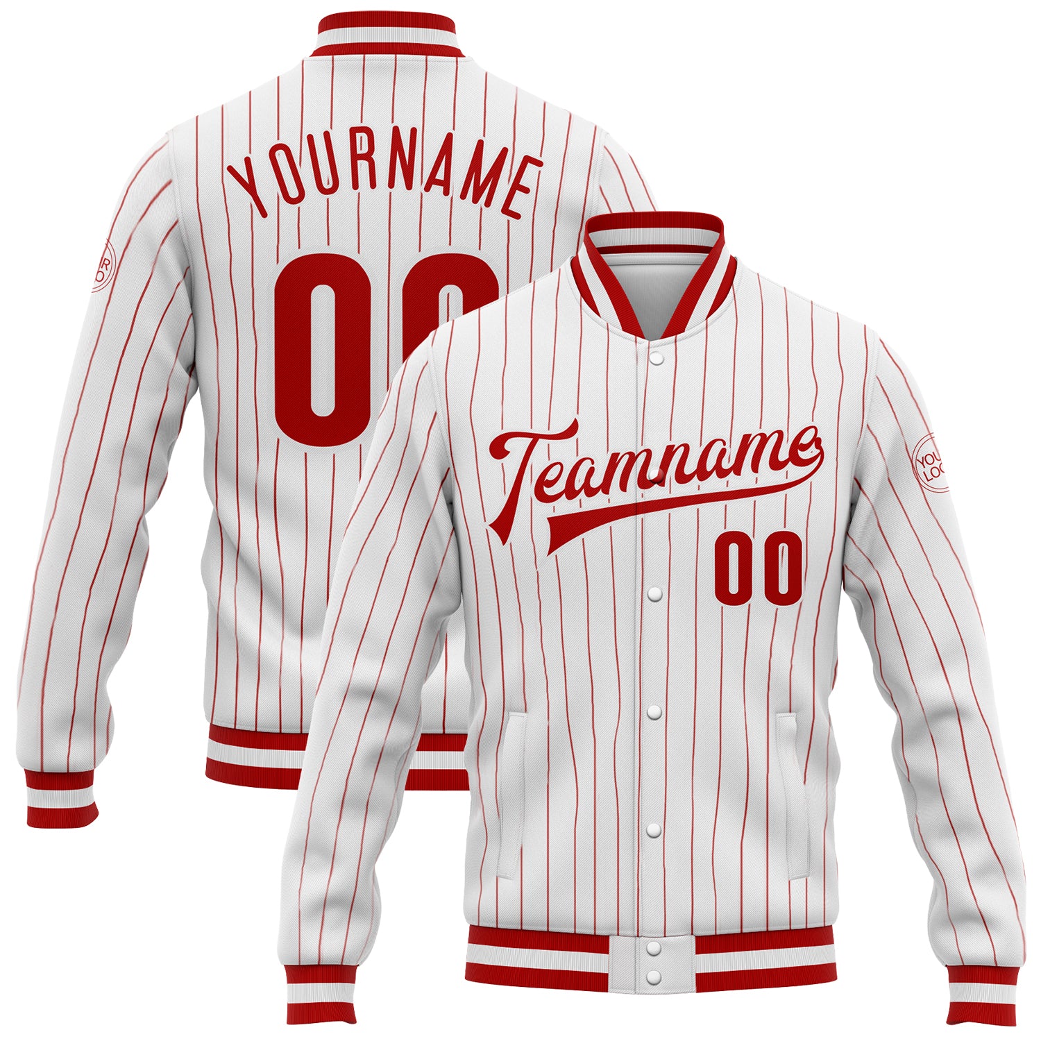 Custom Red White Pinstripe Bomber Varsity Letterman Jacket Full-Snap Custom White Red Pinstripe Red-White Bomber Full-Snap