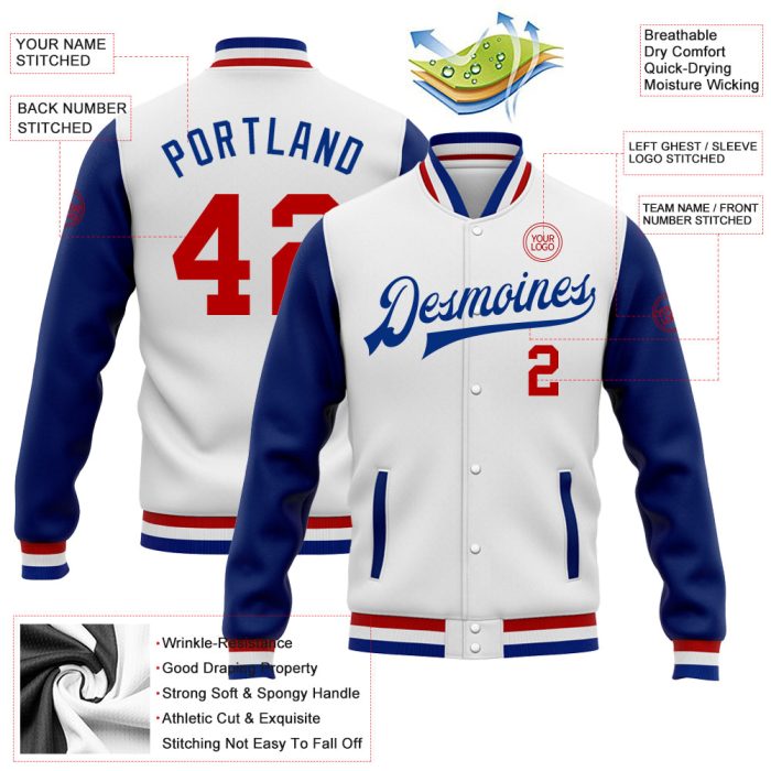 Custom Royal Red White Varsity Letterman Full-Snap Bomber Jacket Style 7312 Custom White Red-Royal Bomber Full-Snap Varsity - Image 3