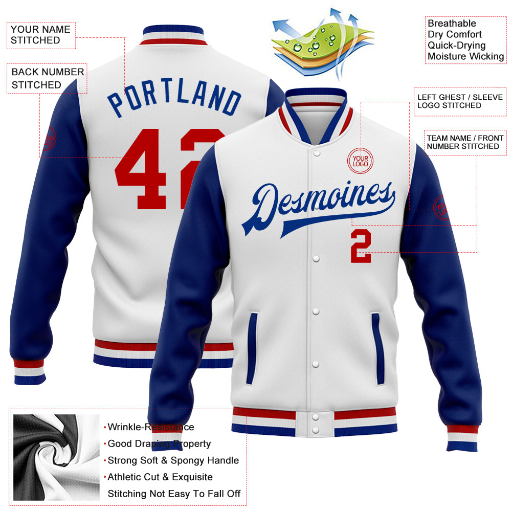 Custom White Red-Royal Bomber Full-Snap Varsity Letterman Two Tone Jacket Style 7312 Custom Royal Red White Varsity Letterman Full-Snap Bomber Jacket Style 7312 Custom White Red-Royal Bomber Full-Snap Varsity - Image 3