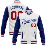 Custom Royal Red White Varsity Letterman Full-Snap Bomber Jacket Style 7312 Custom White Red-Royal Bomber Full-Snap Varsity