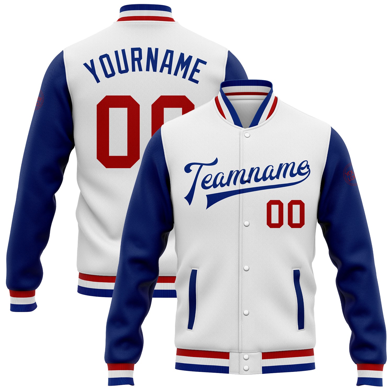 Custom White Red-Royal Bomber Full-Snap Varsity Letterman Two Tone Jacket Style 7312 Custom Royal Red White Varsity Letterman Full-Snap Bomber Jacket Style 7312 Custom White Red-Royal Bomber Full-Snap Varsity - Image 1
