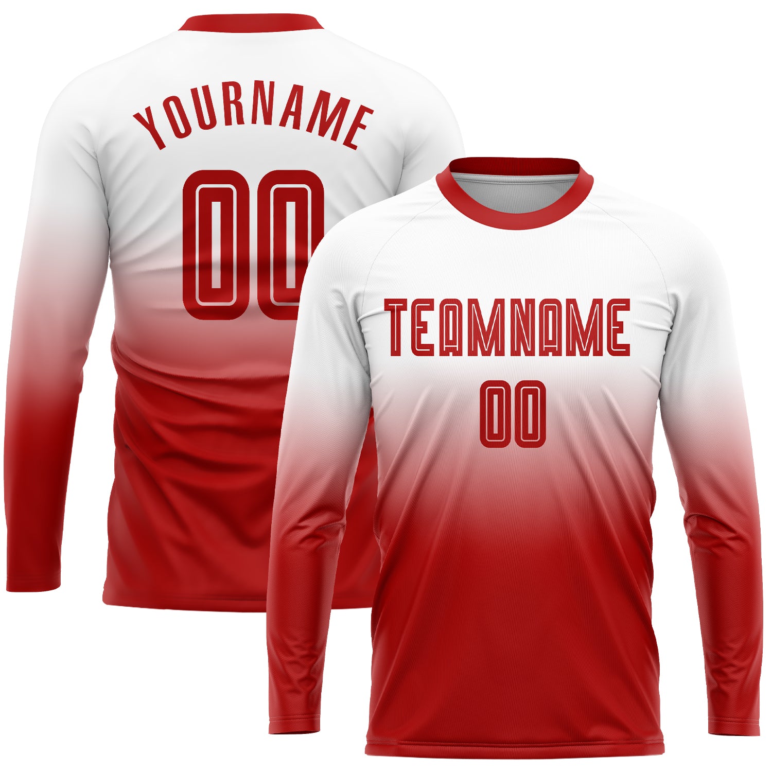 Custom White Red Soccer Uniform Jersey - Long Sleeve Fade Fashion Design Custom White Red Sublimation Long Sleeve Fade Fashion