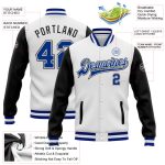 Custom Two Tone Varsity Letterman Bomber Jacket - White and Black Full-Snap Design Custom White Royal-Black Bomber Full-Snap - Image 3