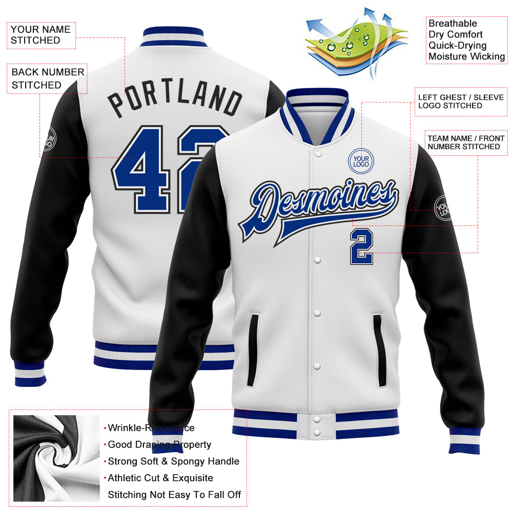 Custom White Royal-Black Bomber Full-Snap Varsity Letterman Two Tone Jacket Custom Two Tone Varsity Letterman Bomber Jacket - White and Black Full-Snap Design Custom White Royal-Black Bomber Full-Snap - Image 3