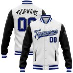 Custom Two Tone Varsity Letterman Bomber Jacket - White and Black Full-Snap Design Custom White Royal-Black Bomber Full-Snap