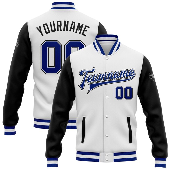 Custom Two Tone Varsity Letterman Bomber Jacket - White and Black Full-Snap Design Custom White Royal-Black Bomber Full-Snap - Image 1