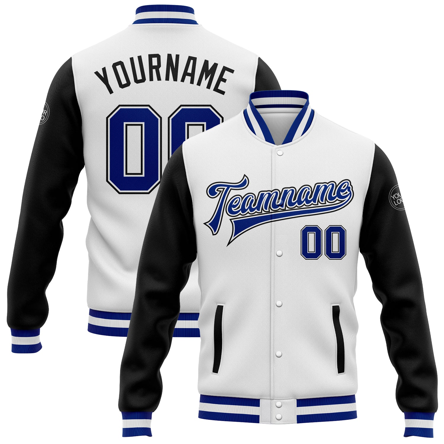 Custom White Royal-Black Bomber Full-Snap Varsity Letterman Two Tone Jacket Custom Two Tone Varsity Letterman Bomber Jacket - White and Black Full-Snap Design Custom White Royal-Black Bomber Full-Snap - Image 1