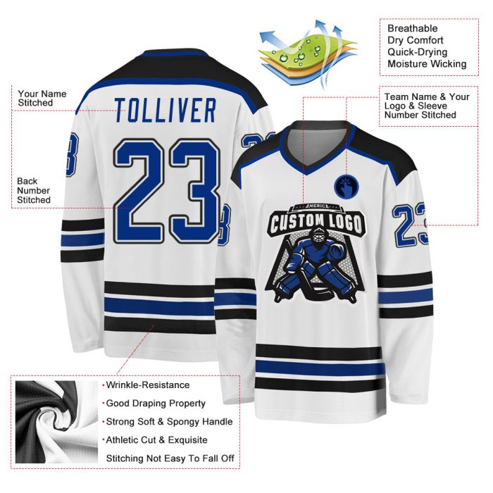 Custom Black and White Hockey Jersey - Personalized Royal-Black Design Custom White Royal-Black Hockey Jersey - Image 3