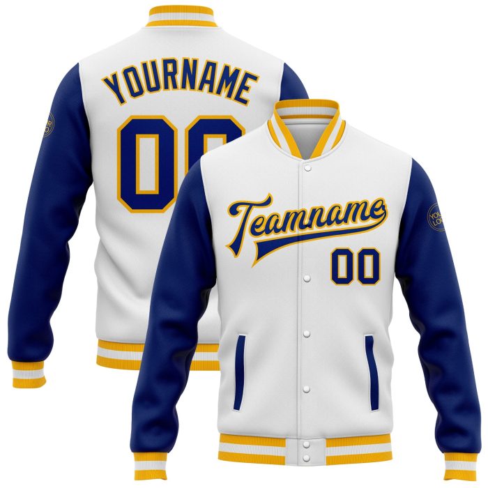 Custom Royal Gold Bomber Jacket - White Two Tone Full-Snap Varsity Letterman Jacket Custom White Royal-Gold Bomber Full-Snap - Image 1