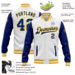 Custom Royal Gold Bomber Jacket - White Two Tone Full-Snap Varsity Letterman Jacket Custom White Royal-Gold Bomber Full-Snap - Image 3
