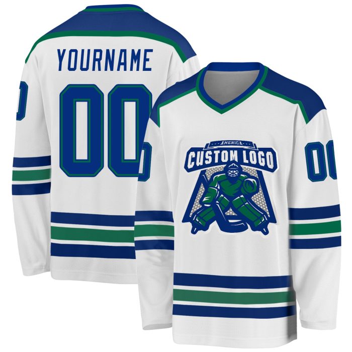 Custom White Hockey Jersey - Royal Kelly Green Personalized Sports Apparel Custom White Royal-Kelly Green Hockey Jersey - Image 1