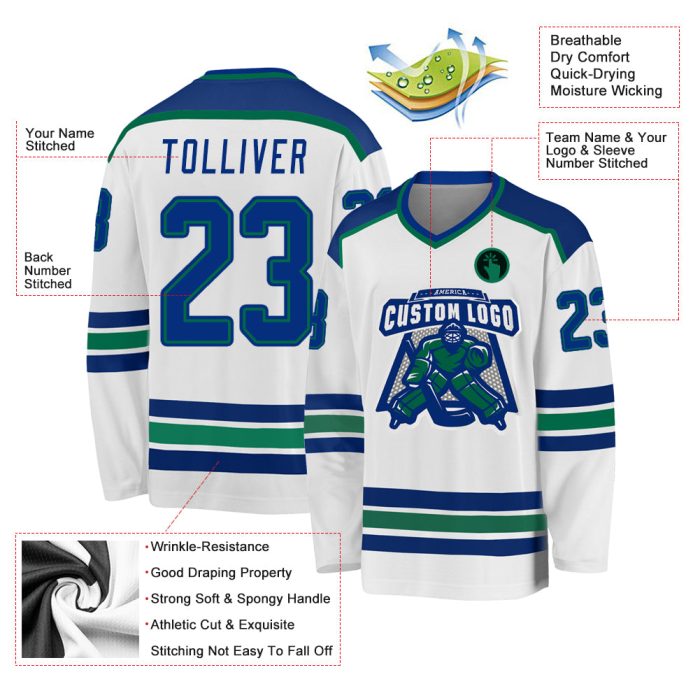 Custom White Hockey Jersey - Royal Kelly Green Personalized Sports Apparel Custom White Royal-Kelly Green Hockey Jersey - Image 3