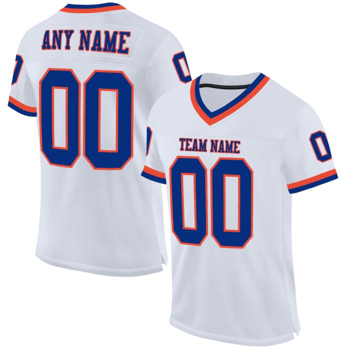 Custom Orange and White Authentic Throwback Football Jersey - Royal Mesh Design Custom White Royal-Orange Mesh Authentic - Image 1