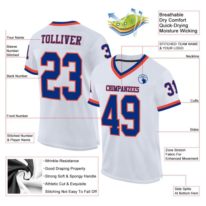 Custom Orange and White Authentic Throwback Football Jersey - Royal Mesh Design Custom White Royal-Orange Mesh Authentic - Image 2