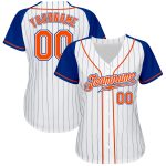Custom Orange-Royal Pinstripe Baseball Jersey with Raglan Sleeves - Authentic White Design Custom White Royal Pinstripe Orange-Royal - Image 2