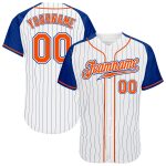 Custom Orange-Royal Pinstripe Baseball Jersey with Raglan Sleeves - Authentic White Design Custom White Royal Pinstripe Orange-Royal