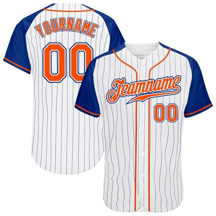 Custom Orange-Royal Pinstripe Baseball Jersey with Raglan Sleeves - Authentic White Design Custom White Royal Pinstripe Orange-Royal - Image 1