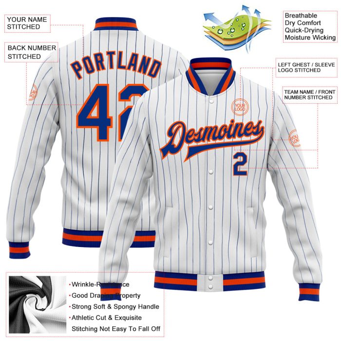 Custom Royal-Orange Pinstripe Bomber Jacket for Men - Full-Snap Varsity Letterman Outerwear Custom White Royal Pinstripe - Image 3