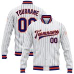 Custom Royal-Orange Pinstripe Bomber Jacket for Men - Full-Snap Varsity Letterman Outerwear Custom White Royal Pinstripe