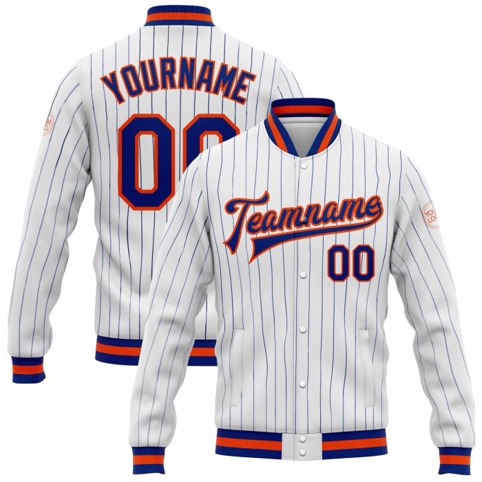 Custom Royal-Orange Pinstripe Bomber Jacket for Men - Full-Snap Varsity Letterman Outerwear Custom White Royal Pinstripe - Image 1