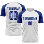 Custom White Sublimation Soccer Jersey - Royal Design Uniform Custom White Royal Sublimation Soccer Uniform Jersey