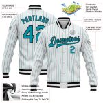 Custom Teal Pinstripe Bomber Jacket Black Full-Snap Varsity Letterman Jacket Custom White Teal Pinstripe Teal-Black Bomber - Image 3