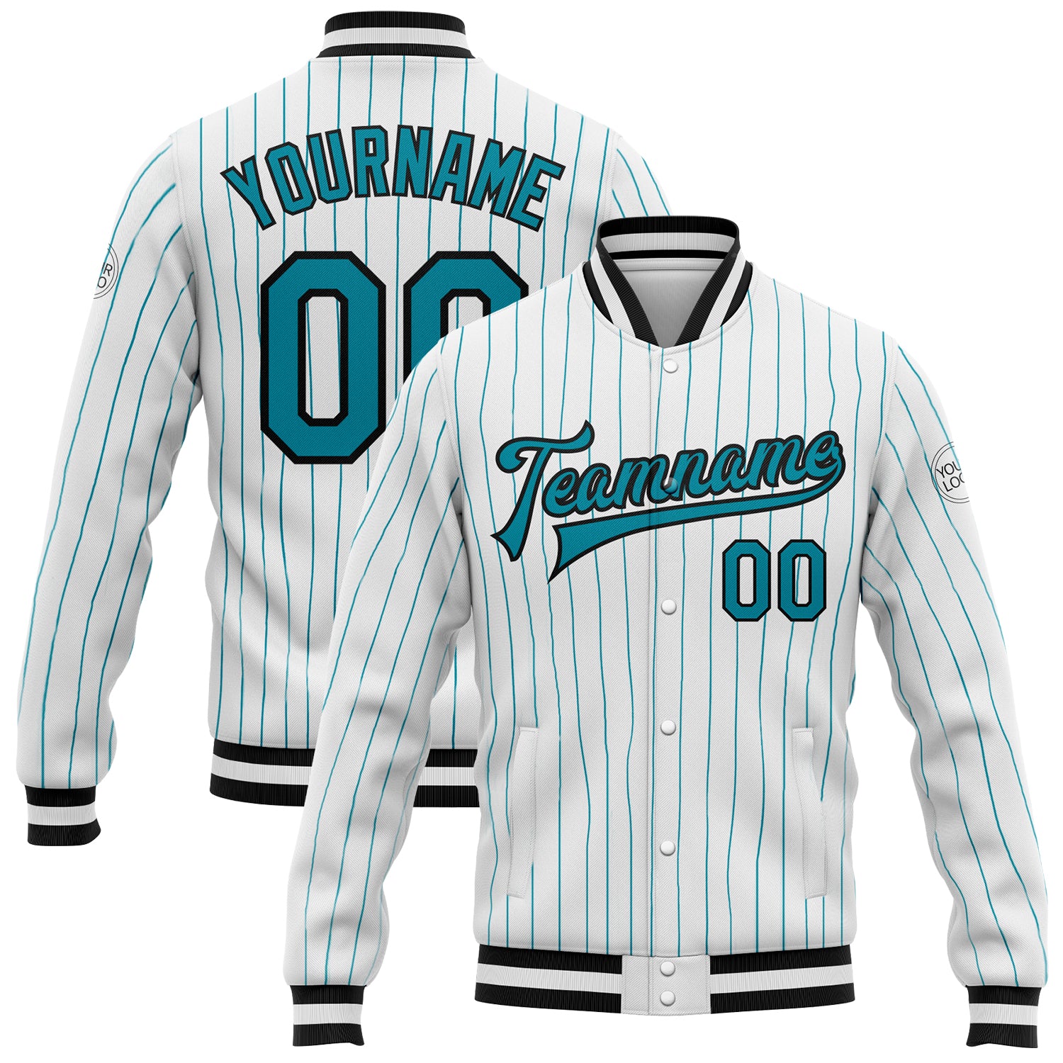 Custom Teal Pinstripe Bomber Jacket Black Full-Snap Varsity Letterman Jacket Custom White Teal Pinstripe Teal-Black Bomber
