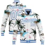 Custom White and Light Blue Palm Trees Flamingo 3D Design Bomber Varsity Letterman Jacket Custom White White-Light Blue Hawaii