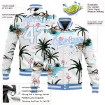Custom White and Light Blue Palm Trees Flamingo 3D Design Bomber Varsity Letterman Jacket Custom White White-Light Blue Hawaii - Image 3