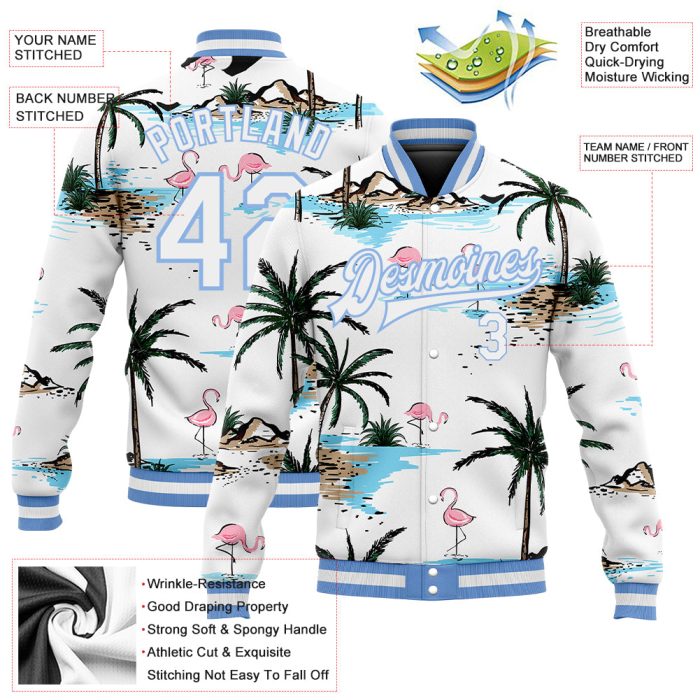 Custom White and Light Blue Palm Trees Flamingo 3D Design Bomber Varsity Letterman Jacket Custom White White-Light Blue Hawaii - Image 3
