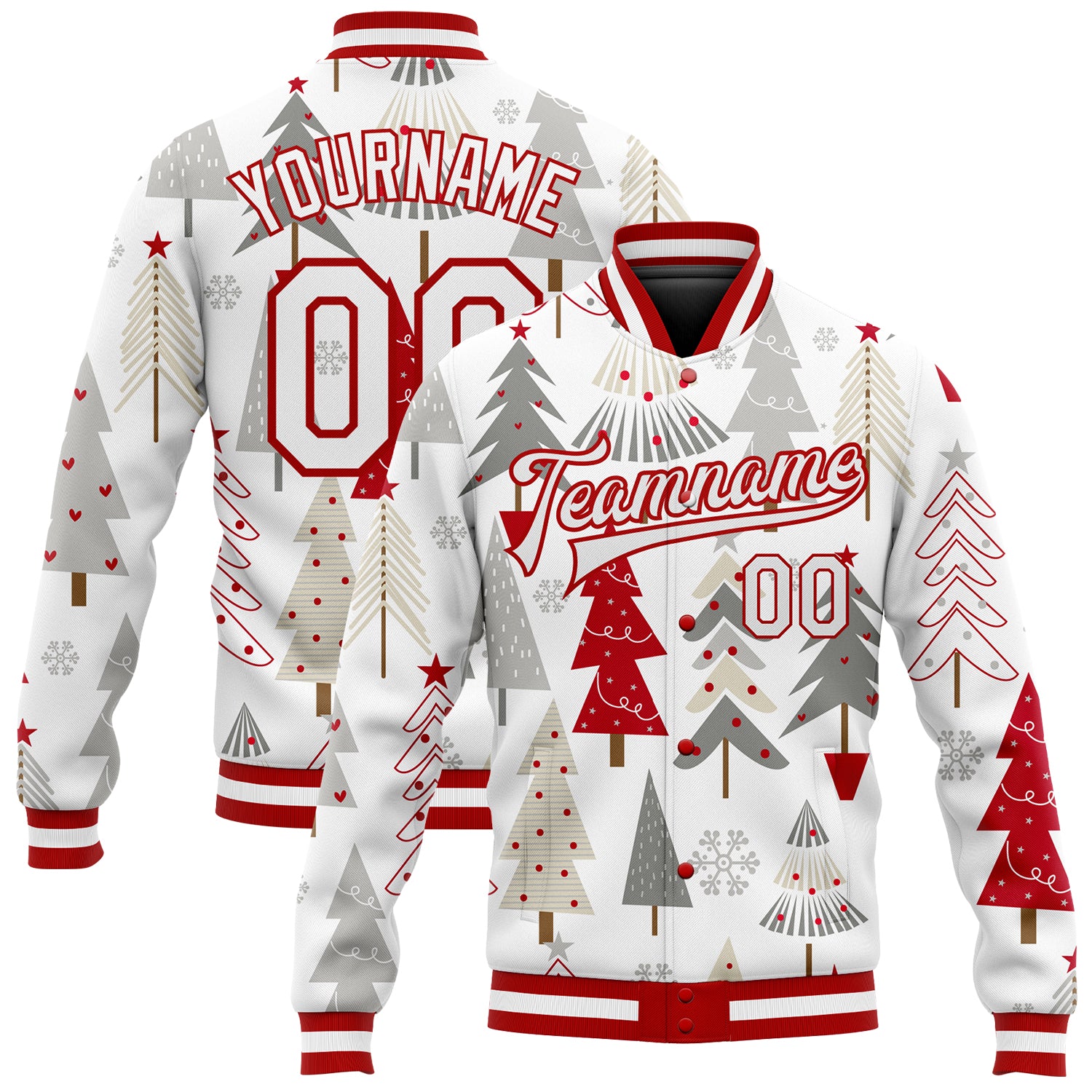 Custom Red Gray White Christmas 3D Bomber Varsity Full-Snap Letterman Jacket Custom White White Red-Gray Christmas 3D Bomber