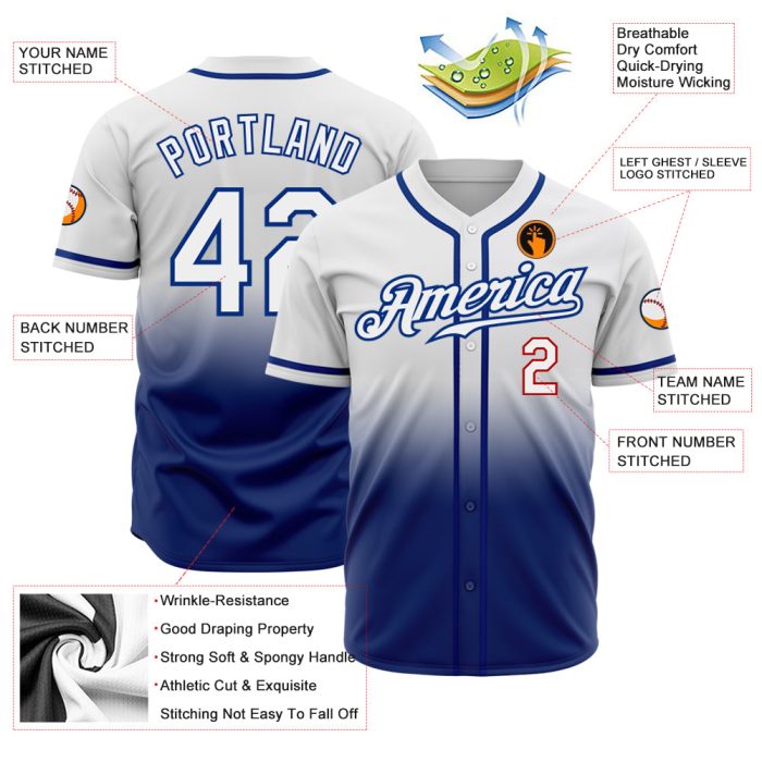 Custom White Red Fade Authentic Fashion Baseball Jersey for Men Custom White White Royal-Red Authentic Fade Fashion Baseball - Image 2