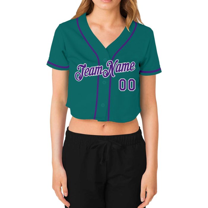 Womens Custom Aqua Purple White Baseball Jersey V-Neck Cropped Style Custom Women's Aqua Purple-White V-Neck Cropped Baseball - Image 2