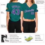 Womens Custom Aqua Purple White Baseball Jersey V-Neck Cropped Style Custom Women's Aqua Purple-White V-Neck Cropped Baseball - Image 3
