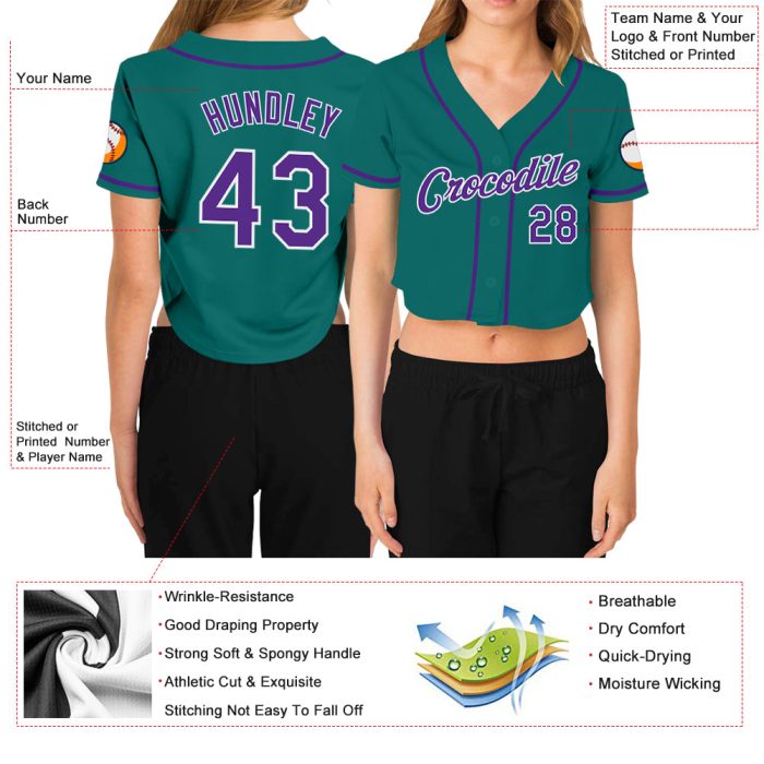 Womens Custom Aqua Purple White Baseball Jersey V-Neck Cropped Style Custom Women's Aqua Purple-White V-Neck Cropped Baseball - Image 3