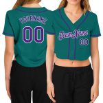 Womens Custom Aqua Purple White Baseball Jersey V-Neck Cropped Style Custom Women's Aqua Purple-White V-Neck Cropped Baseball